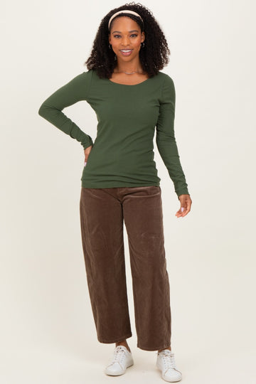 Olive Ribbed Long Sleeve Lettuce Trim Top