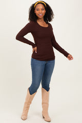 Brown Ribbed Long Sleeve Lettuce Trim Top