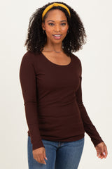 Brown Ribbed Long Sleeve Lettuce Trim Top
