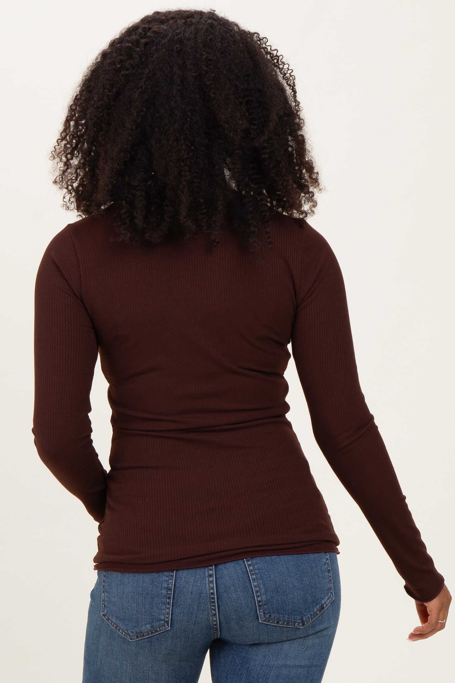 Brown Ribbed Long Sleeve Lettuce Trim Top