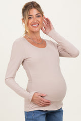 Beige Ribbed Long Sleeve Lettuce Trim Maternity Top