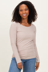 Beige Ribbed Long Sleeve Lettuce Trim Maternity Top