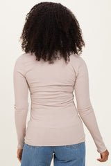 Beige Ribbed Long Sleeve Lettuce Trim Top