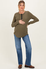 Olive Contrast Long Sleeve Maternity Thermal Top