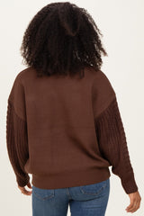 Brown Cable Knit Sleeve Round Neck Maternity Sweater