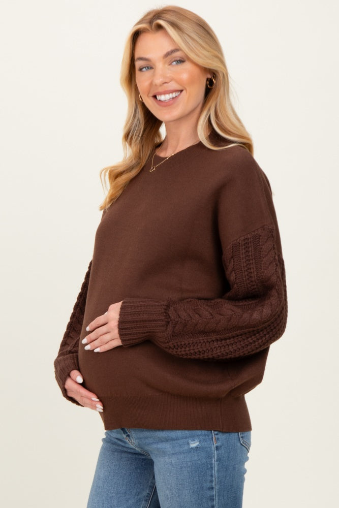 Brown Cable Knit Sleeve Round Neck Sweater