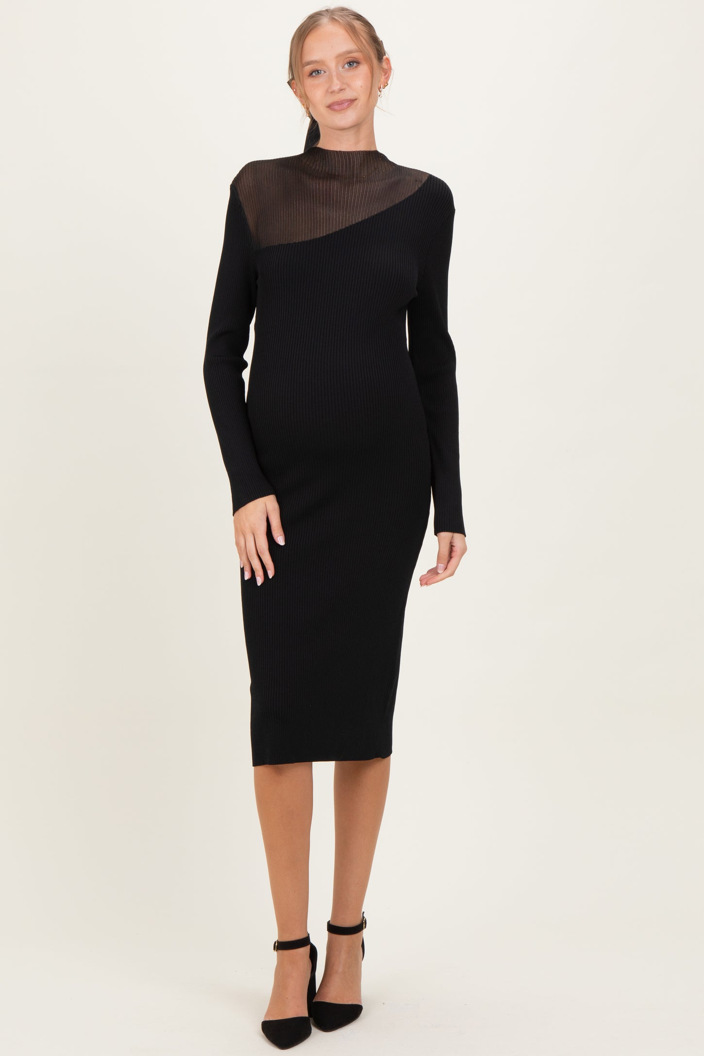 Black Semi-Sheer Mockneck Maternity Sweater Dress