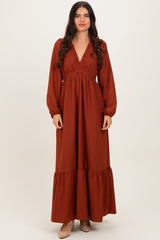 Rust Long Sleeve V-Neck Tiered Maxi Dress