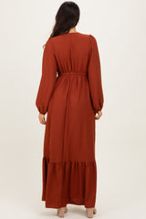 Rust Long Sleeve V-Neck Tiered Maxi Dress