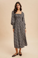 Navy Smocked Ruffled Floral Maxi Dress