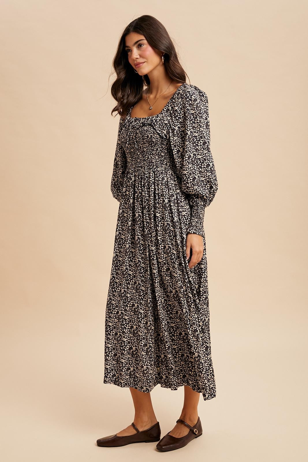 Navy Smocked Ruffled Floral Maxi Dress