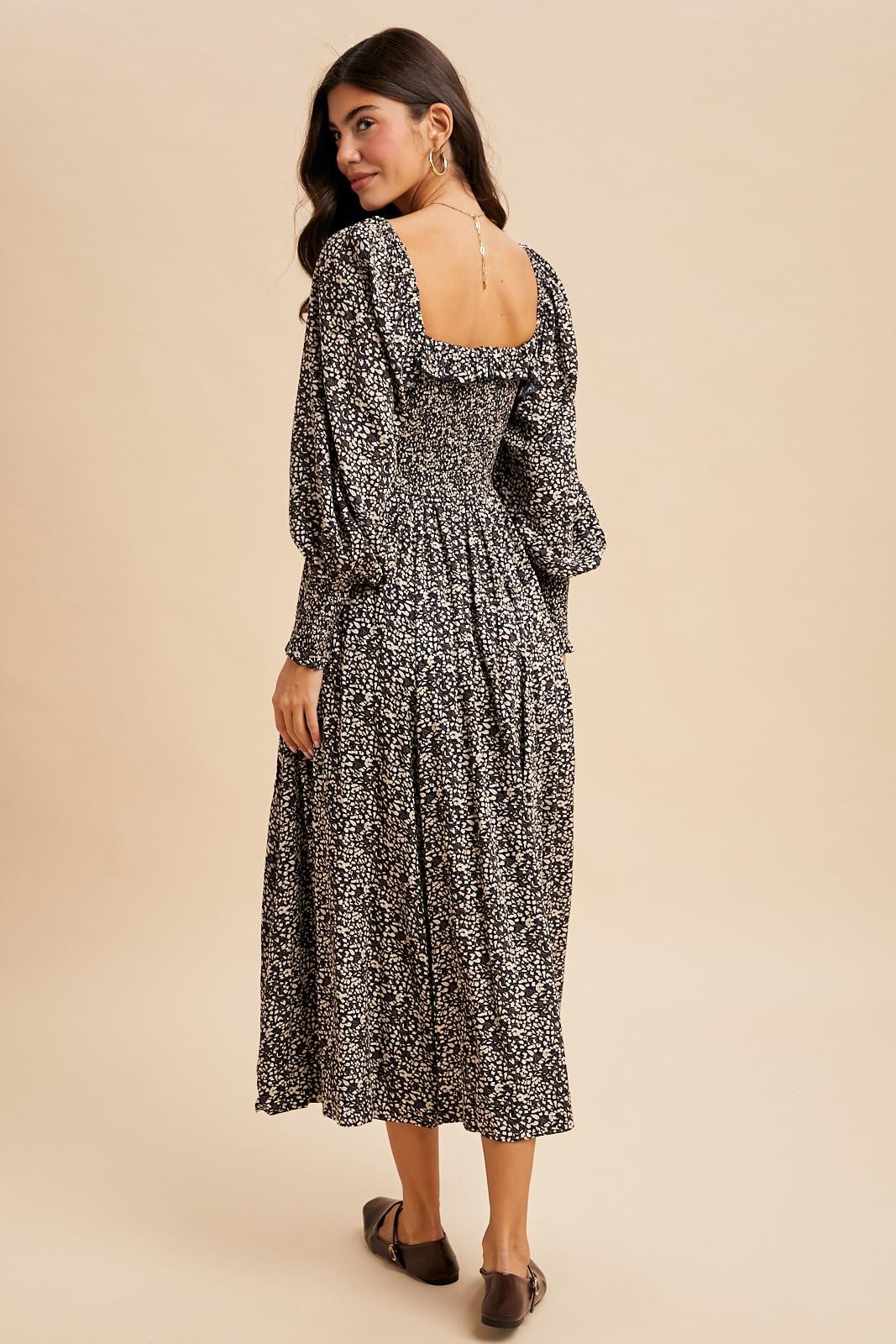 Navy Smocked Ruffled Floral Maxi Dress