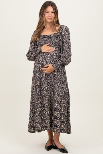 Navy Smocked Ruffled Floral Maternity Maxi Dress