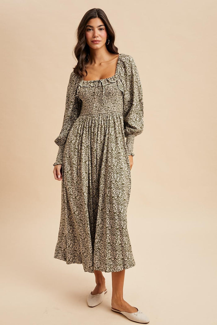 Light Olive Smocked Ruffled Floral Maxi Dress