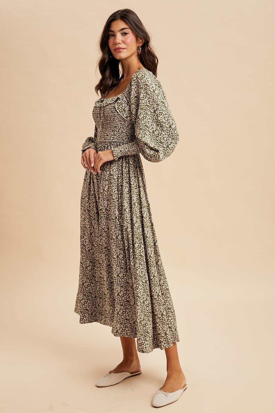 Light Olive Smocked Ruffled Floral Maxi Dress