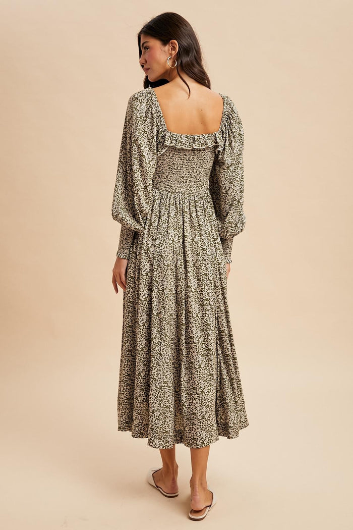 Light Olive Smocked Ruffled Floral Maxi Dress