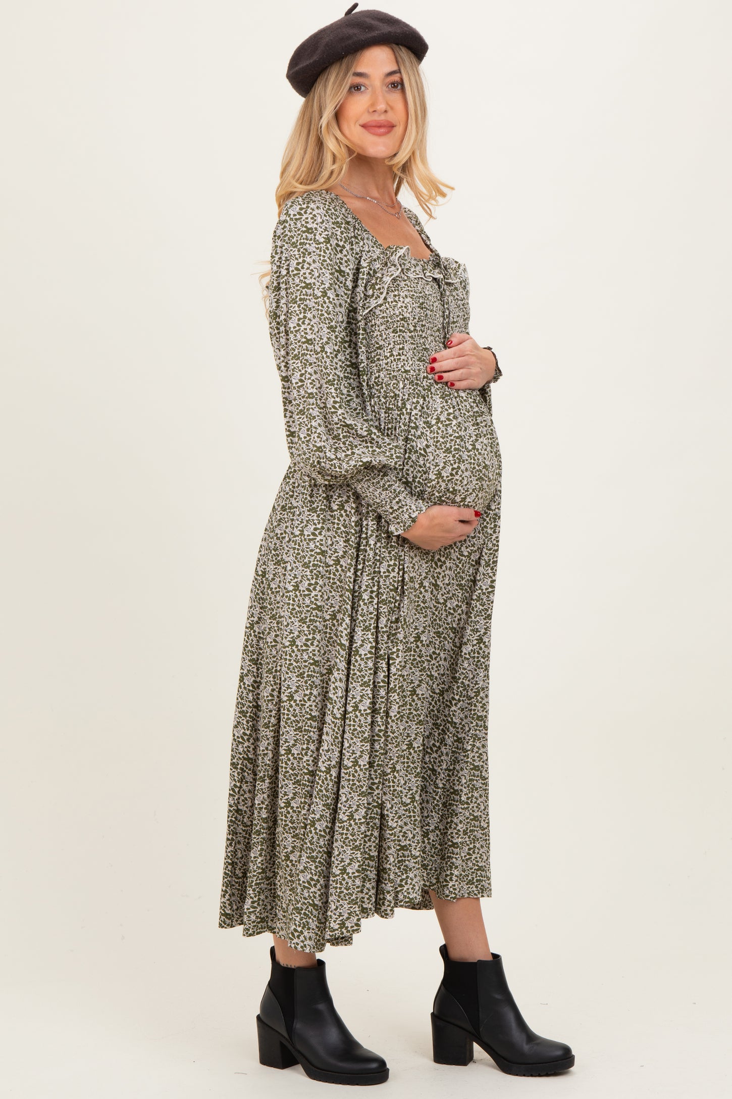 Light Olive Smocked Ruffled Floral Maternity Maxi Dress