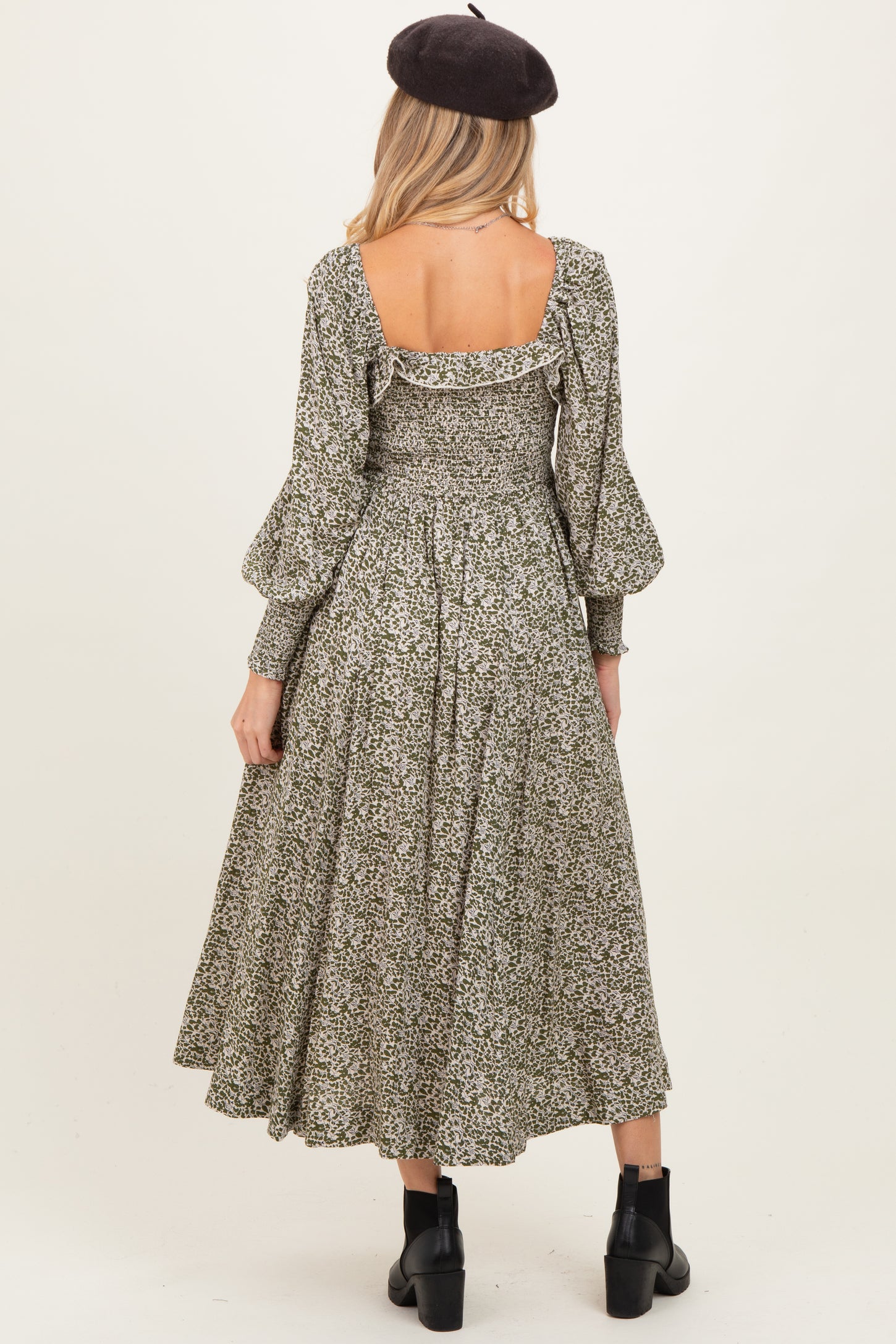 Light Olive Smocked Ruffled Floral Maternity Maxi Dress
