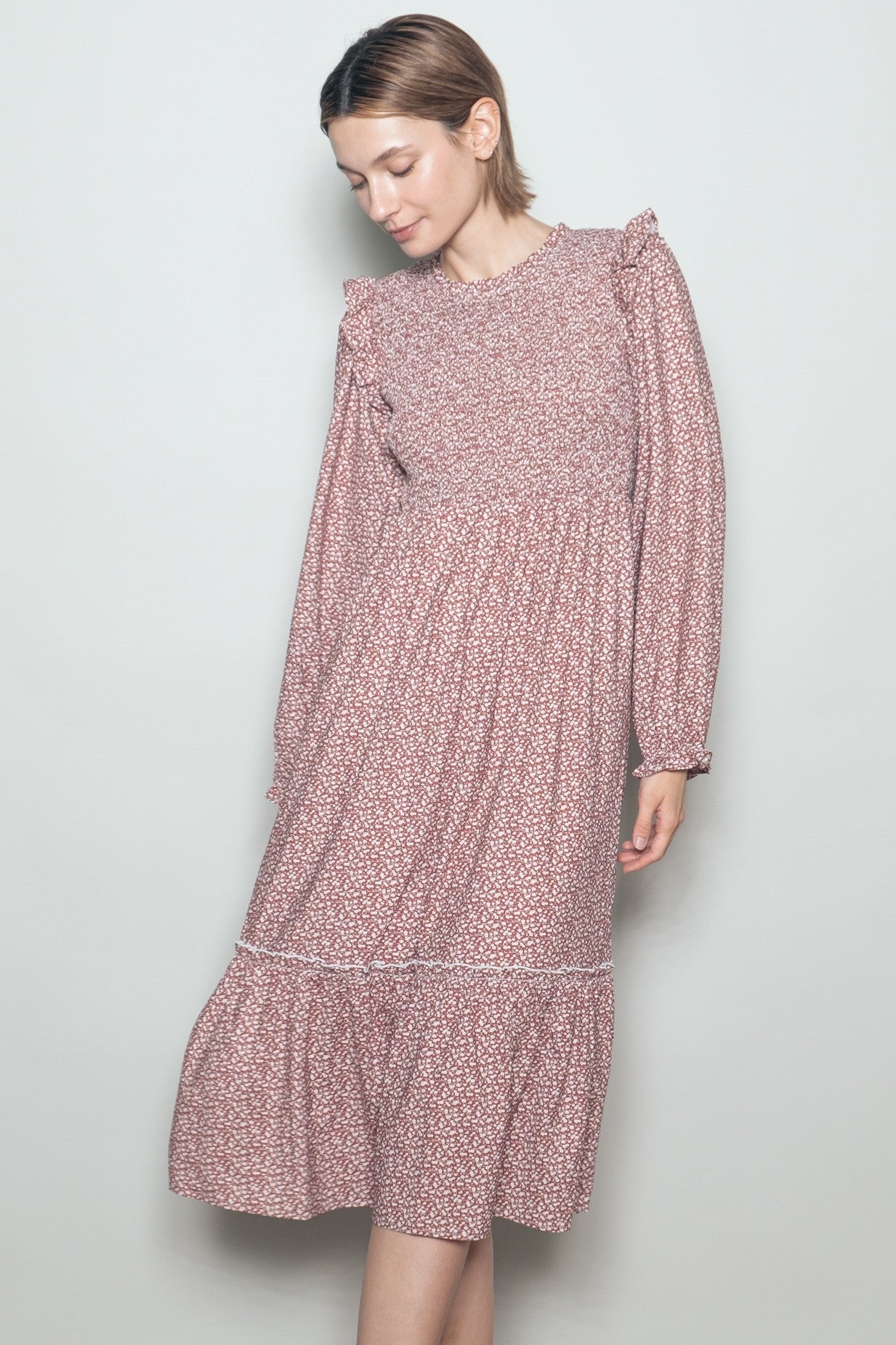 Rust Tiny Floral Ruffled Mock Neck Babydoll Midi Dress