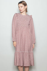 Rust Tiny Floral Ruffled Mock Neck Babydoll Midi Dress