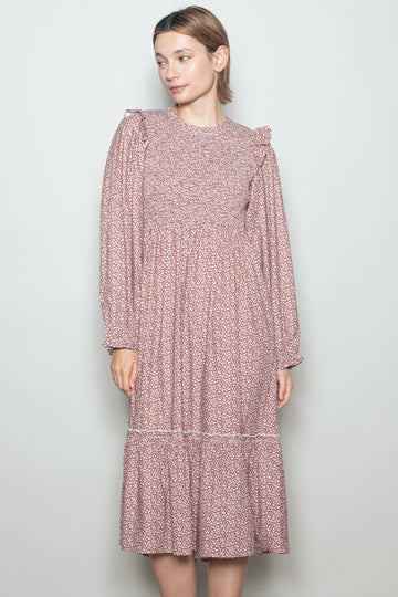 Rust Tiny Floral Ruffled Mock Neck Babydoll Midi Dress