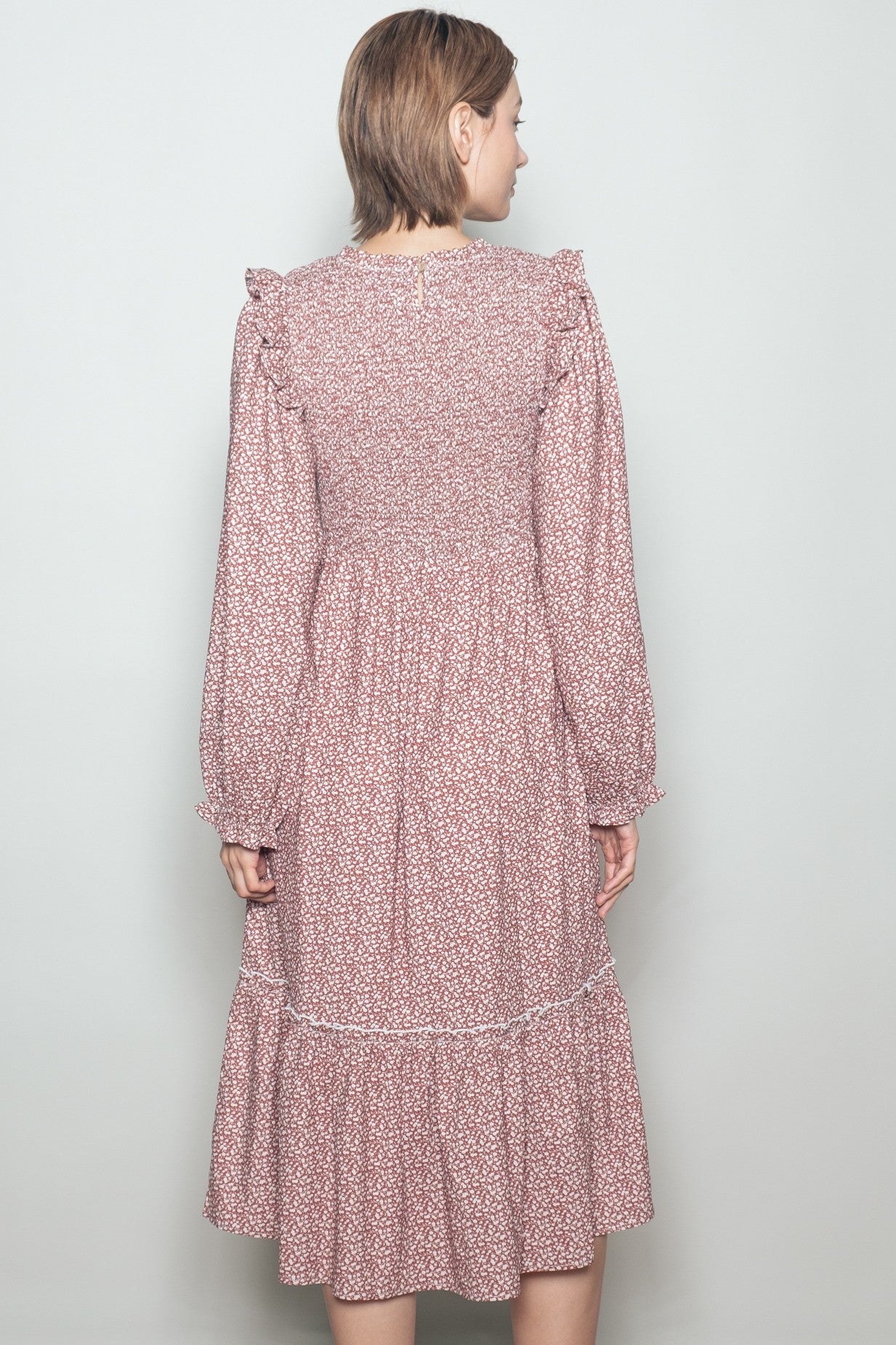 Rust Tiny Floral Ruffled Mock Neck Babydoll Midi Dress