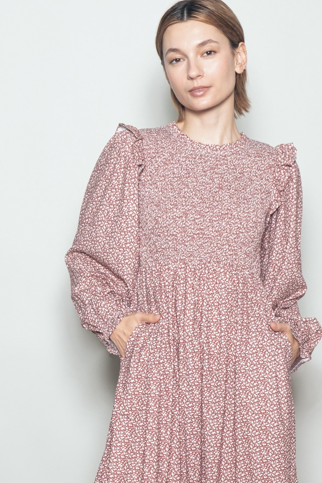 Rust Tiny Floral Ruffled Mock Neck Babydoll Midi Dress