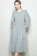 Mint Tiny Floral Ruffled Mock Neck Babydoll Maternity Midi Dress