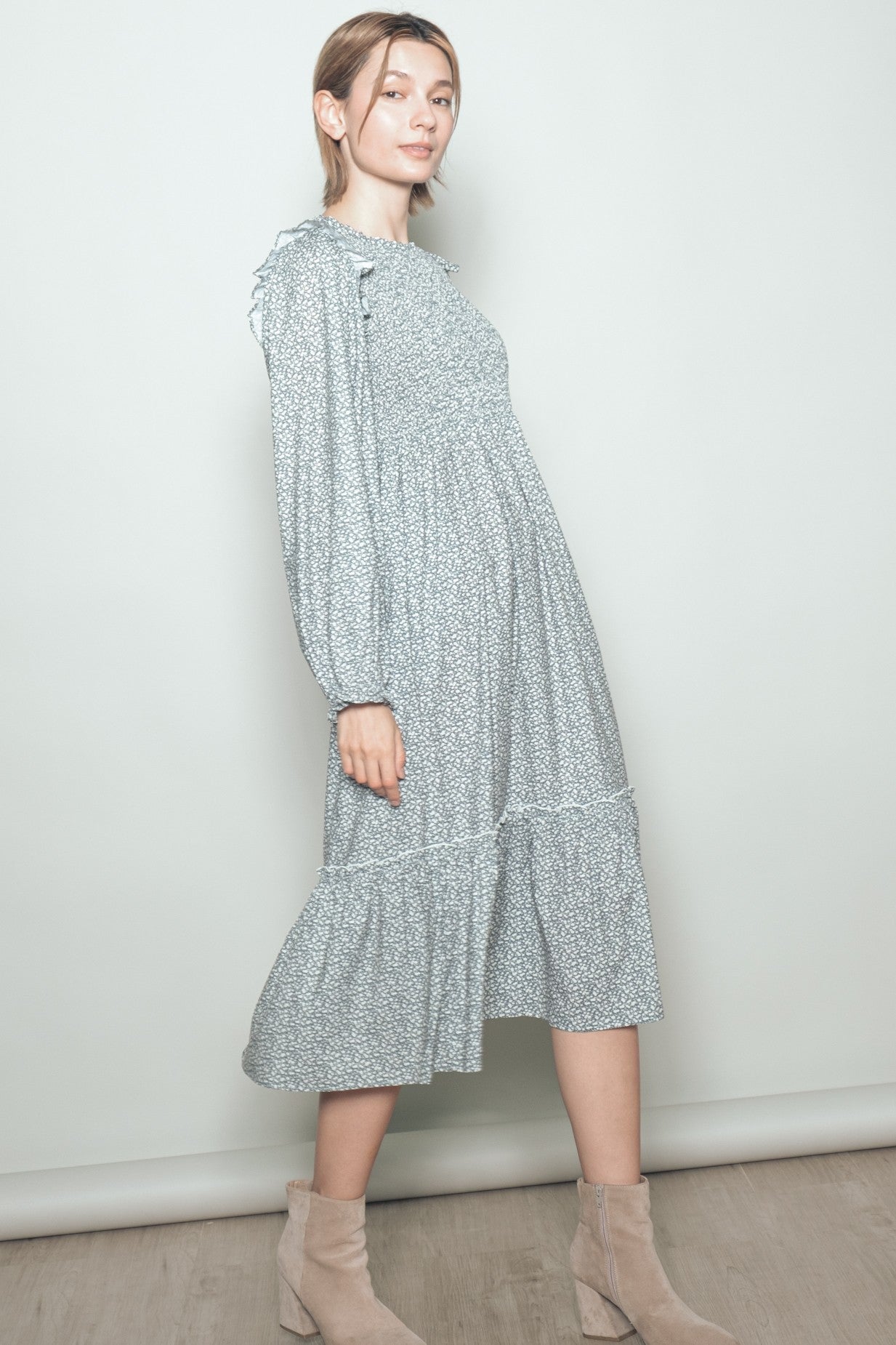 Mint Tiny Floral Ruffled Mock Neck Babydoll Midi Dress