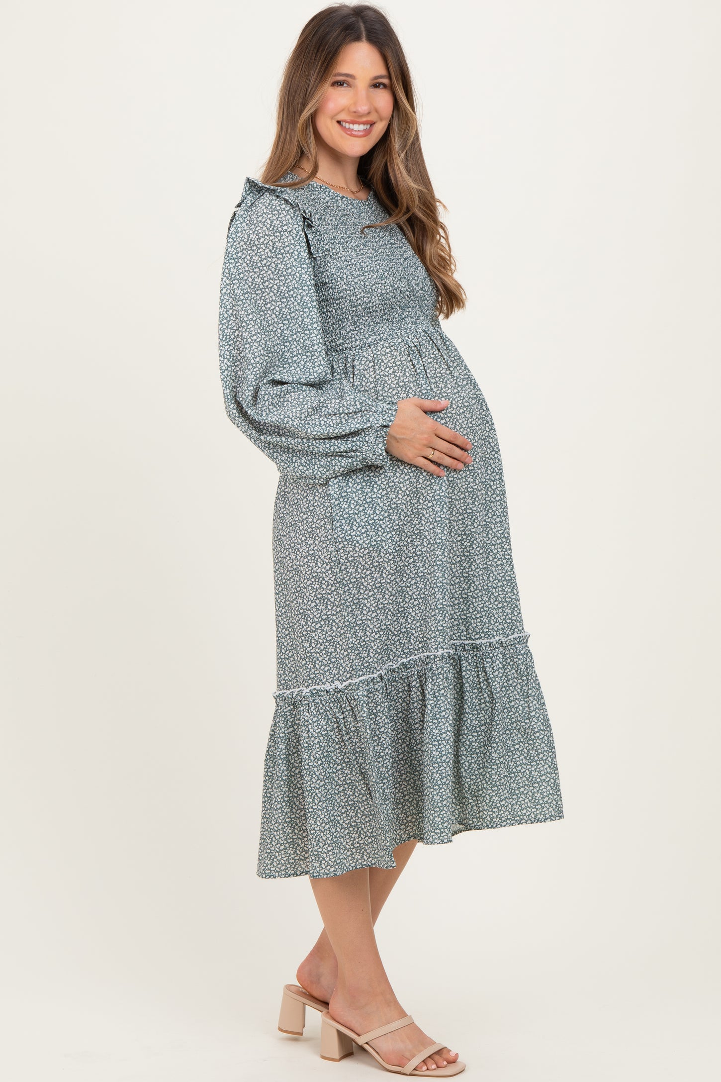 Mint Tiny Floral Ruffled Mock Neck Babydoll Maternity Midi Dress