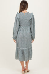 Mint Tiny Floral Ruffled Mock Neck Babydoll Maternity Midi Dress