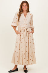 Brown Floral Cotton Gauze Tiered Maternity Midi Dress