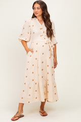 Brown Floral Cotton Gauze Tiered Maternity Midi Dress