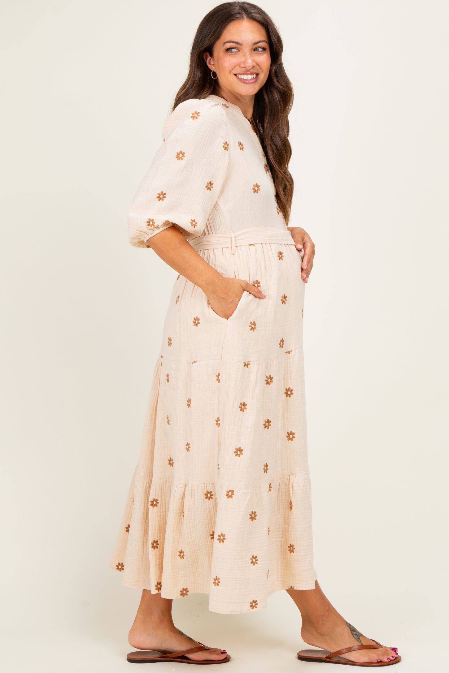 Brown Floral Cotton Gauze Tiered Maternity Midi Dress