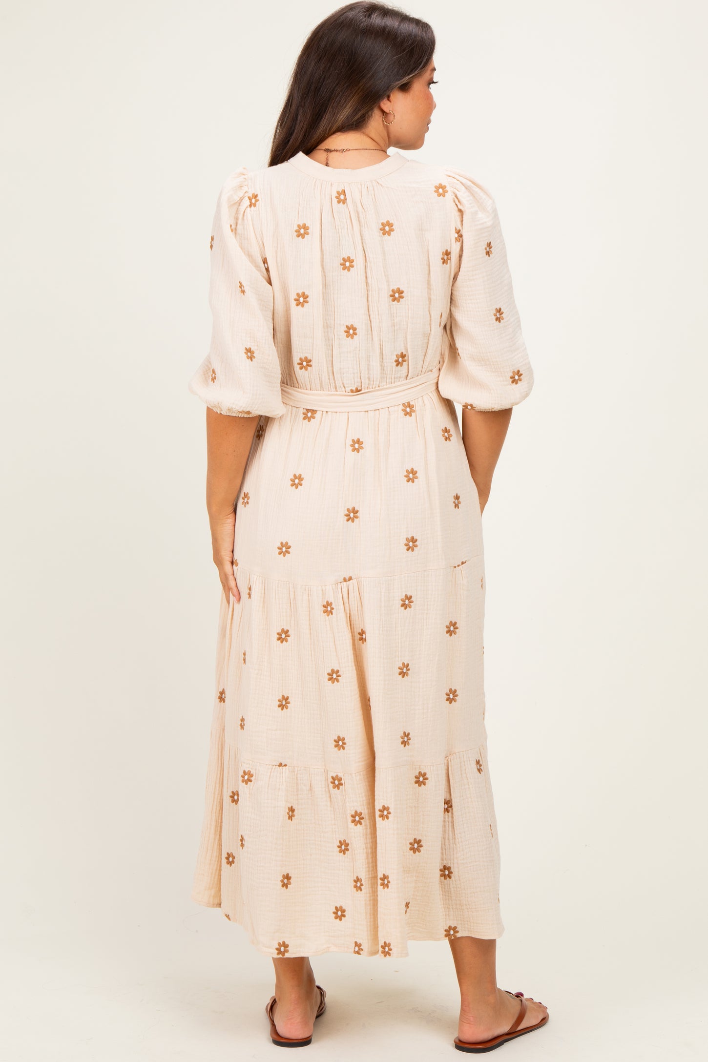 Brown Floral Cotton Gauze Tiered Maternity Midi Dress