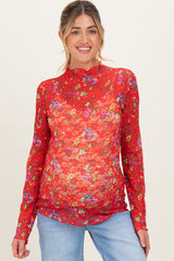 Red Floral Lace Long Sleeve Maternity Top