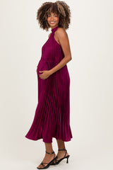 Magenta Pleated Maternity Halter Dress