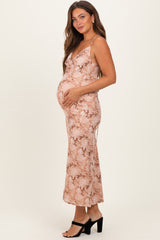 Peach Cowl Neck Lace Up Back Maternity Maxi Dress