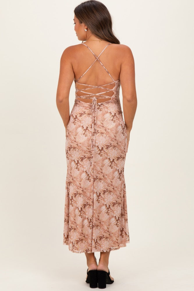 Peach Cowl Neck Lace Up Back Maternity Maxi Dress