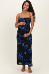 Black Floral Ruched Mesh Maternity Maxi Dress