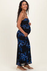 Black Floral Ruched Mesh Maternity Maxi Dress