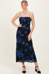 Black Floral Ruched Mesh Maxi Dress