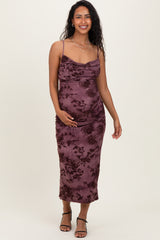 Mauve Floral Mesh Cowl Neck Maternity Midi Dress