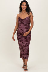 Mauve Floral Mesh Cowl Neck Maternity Midi Dress