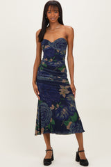 Navy Floral Mesh Ruched Midi Dress