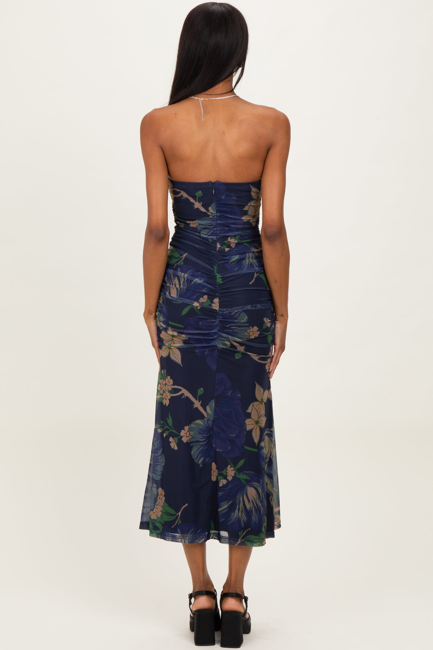 Navy Floral Mesh Ruched Midi Dress