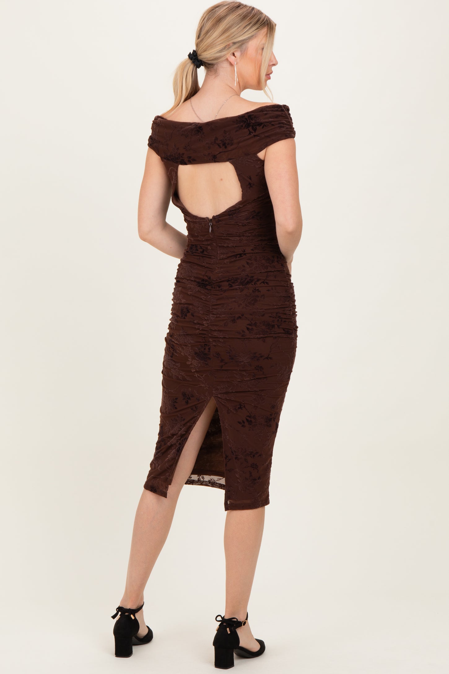 Brown Off Shoulder Ruched Mesh Midi Dress