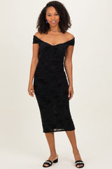 Black Off Shoulder Ruched Mesh Midi Dress