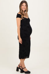 Black Off Shoulder Ruched Mesh Maternity Midi Dress