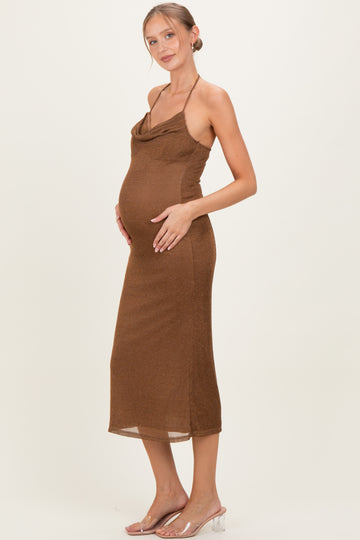 Brown Halter Cowl Neck Maternity Midi Dress